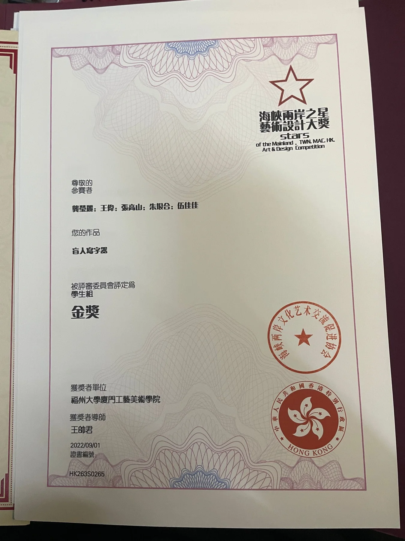 海峡两岸之星艺术设计大奖金奖证书：盲人写字器