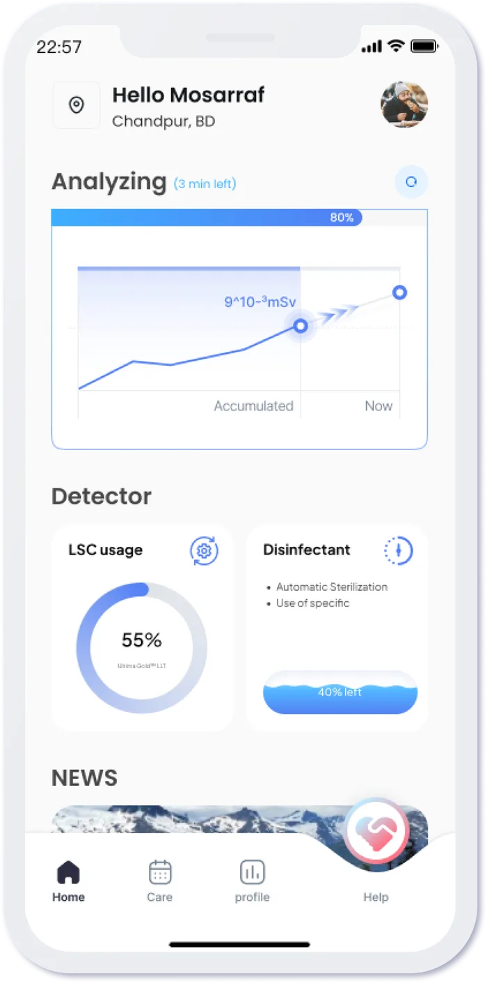 RadLevel Care App 首页，显示检测进度、核素趋势和试剂余量