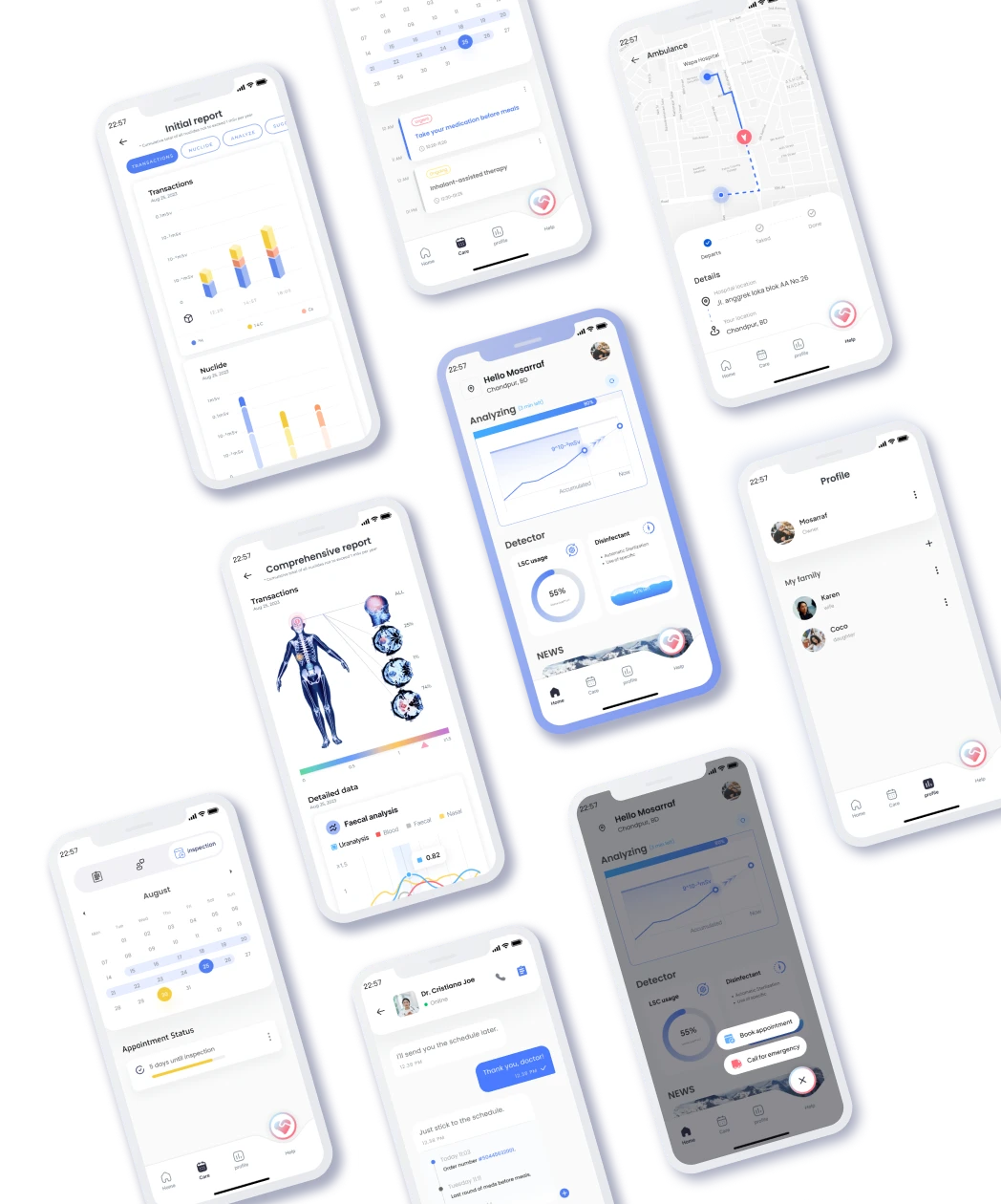 RadLevel Care APP 完整界面总览，包含监测首页、报告、日历、救护车、医生沟通和家庭档案页面